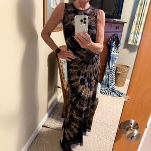 FUZZI mesh tie dye maxi dress with adjustable side slit. S